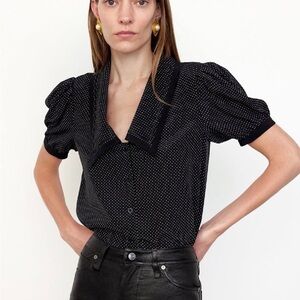 Frame Denim Black Polka Dot Puff Sleeve Sailor Blouse 4